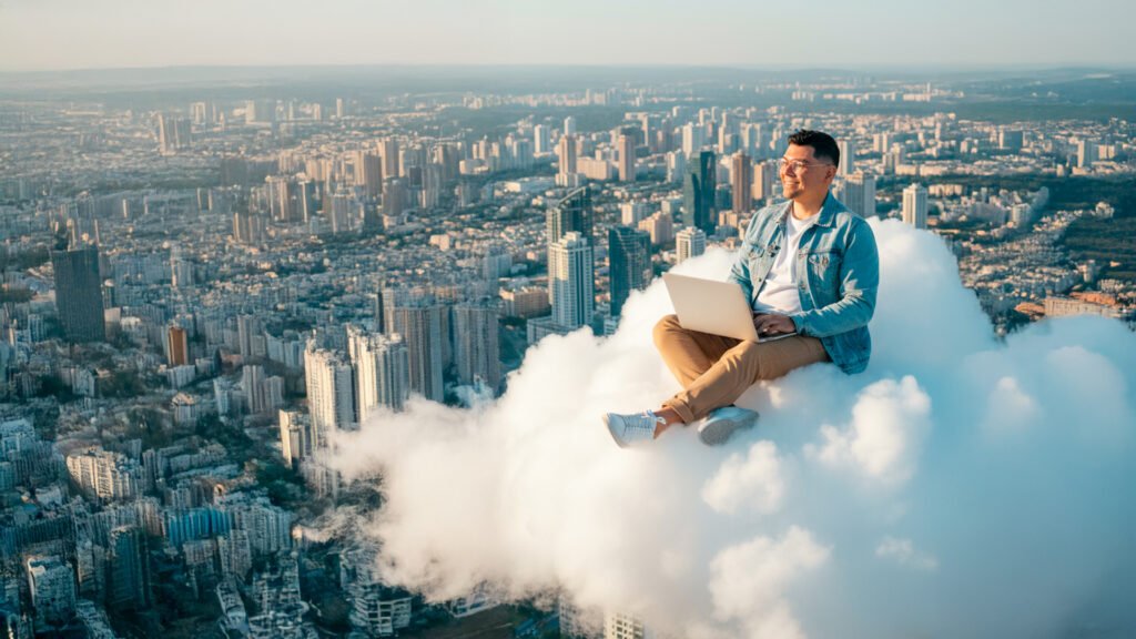 Community manager trabajando con su laptop sobre una nube encima de la ciudad