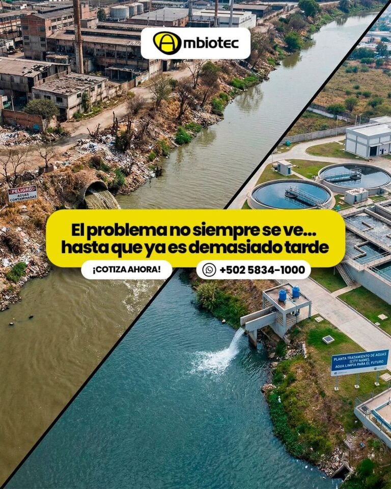 Creativo de campaña para Ambiotec: el problema no siempre se ve, aguas contaminadas frente a una planta de tratamiento